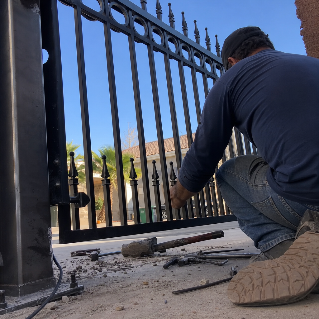 Worker installing a black metal gate with tools on the ground