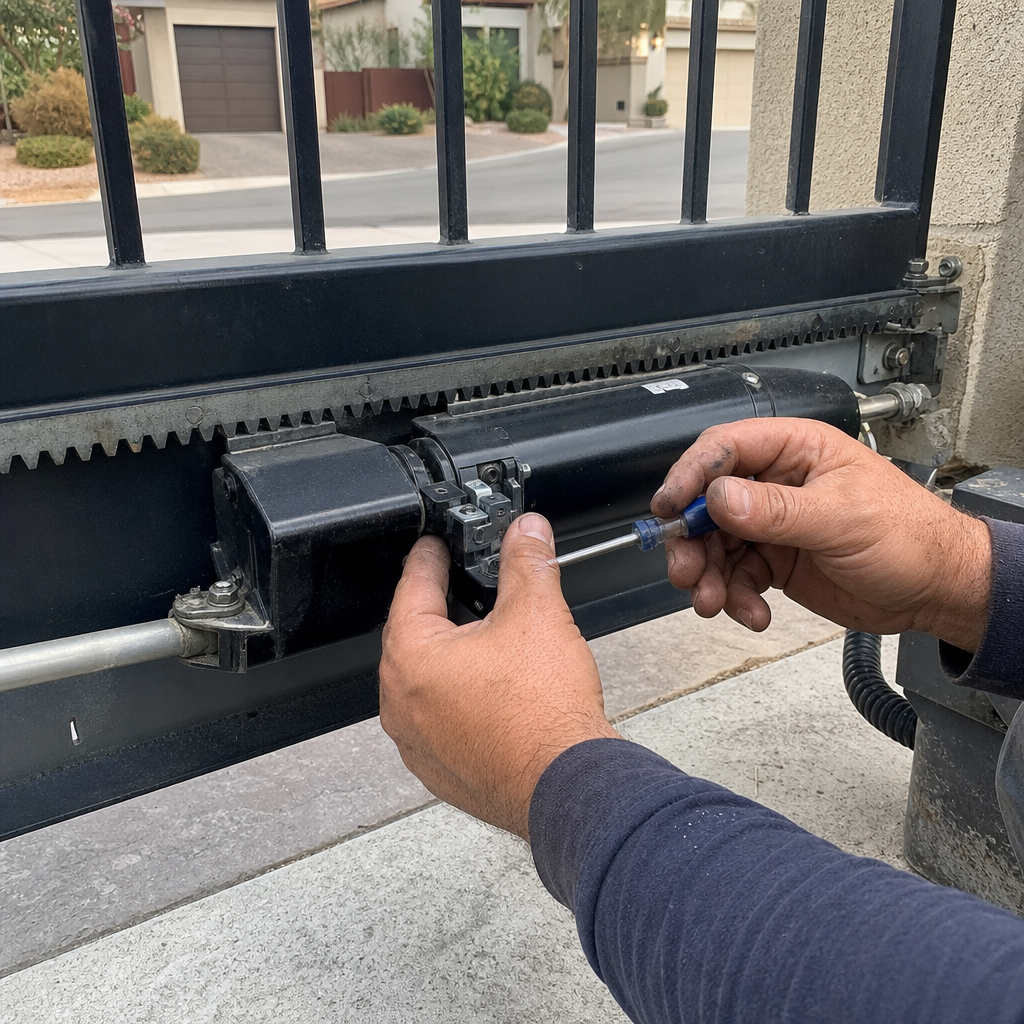 Gate motor and opener repair with screwdriver by technician.