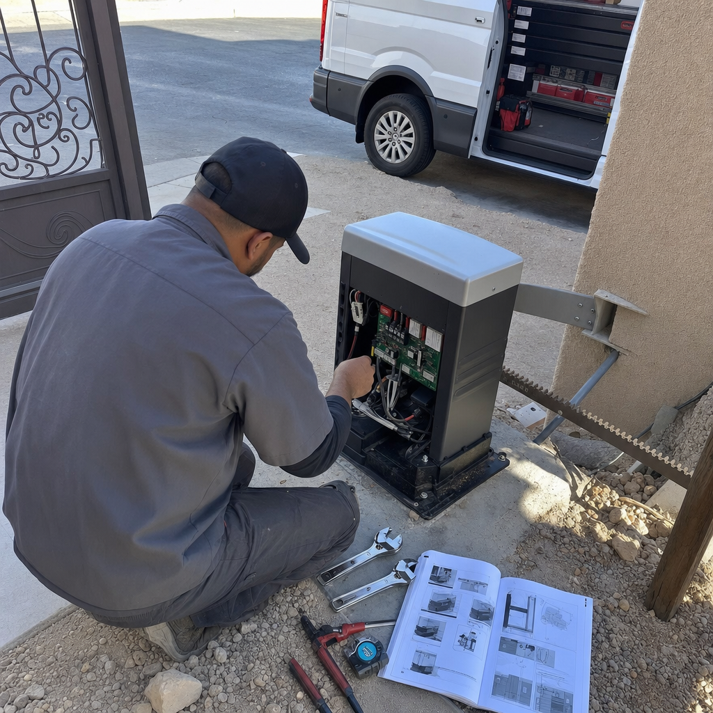 Technician repairing gate motor and opener system