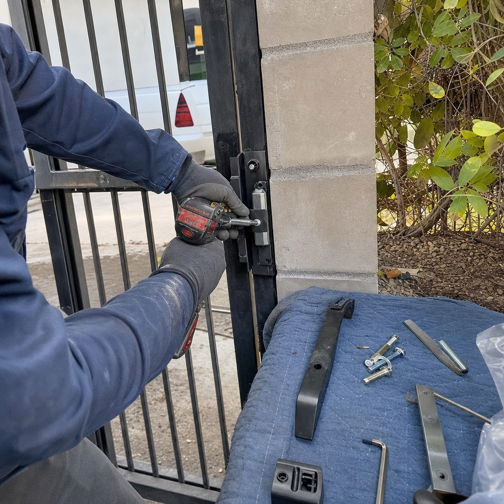 Gate repair professional fixing gate latch with a drill