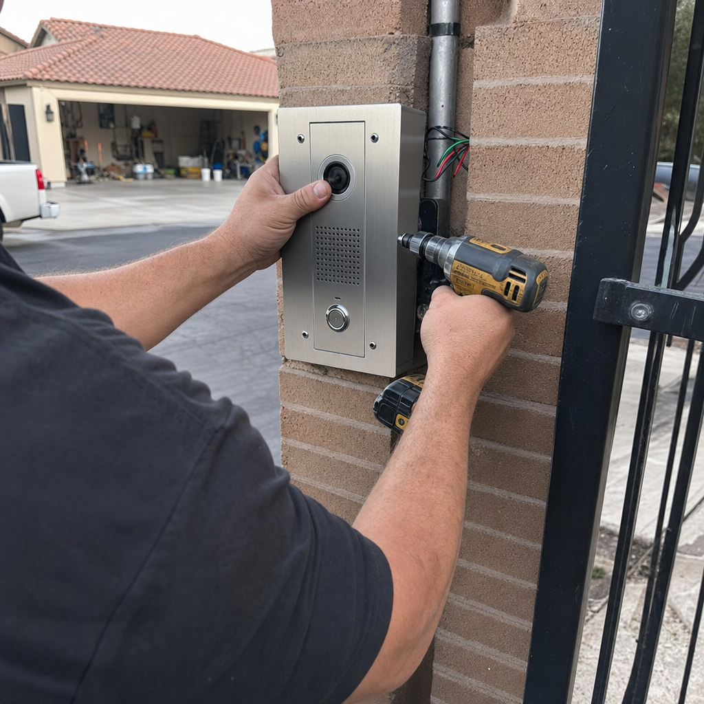 Gate access control installation with power drill in Spring Valley, NV