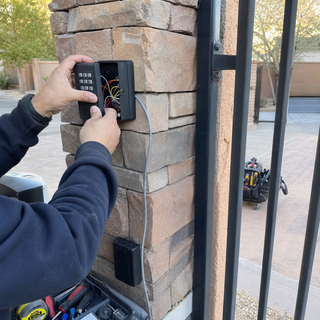 Gate access control system installation by a technician in Spring Valley, NV