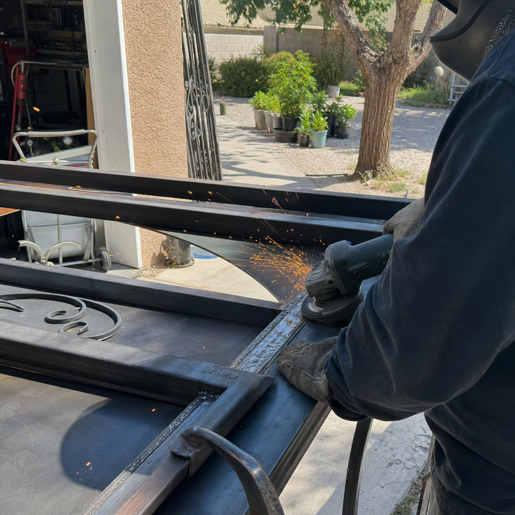 Professional welding gate parts with an angle grinder in Las Vegas, NV