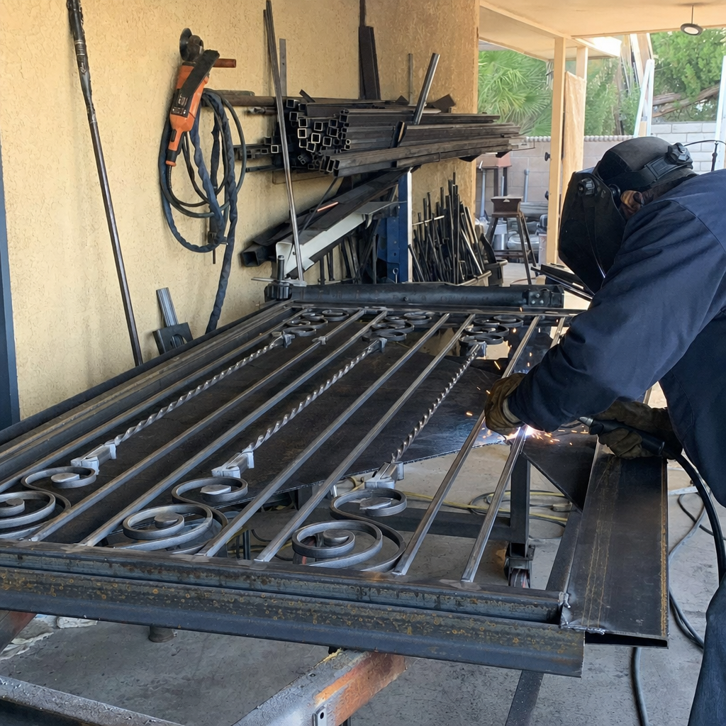 Welder performing gate parts and welding on ornate metal gate in Enterprise, NV